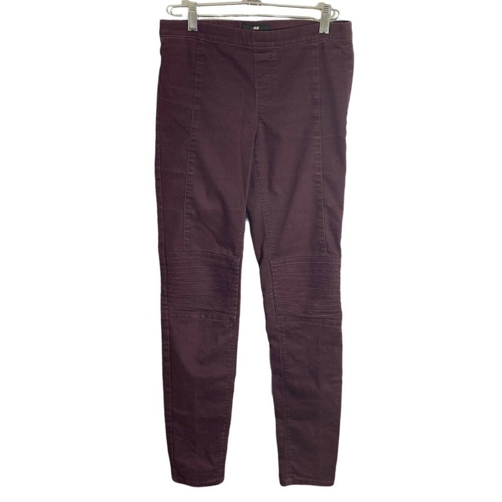 H&M Women's Solid Skinny Slim Moto Biker Style Purple Plum Pull On Pants Size 4